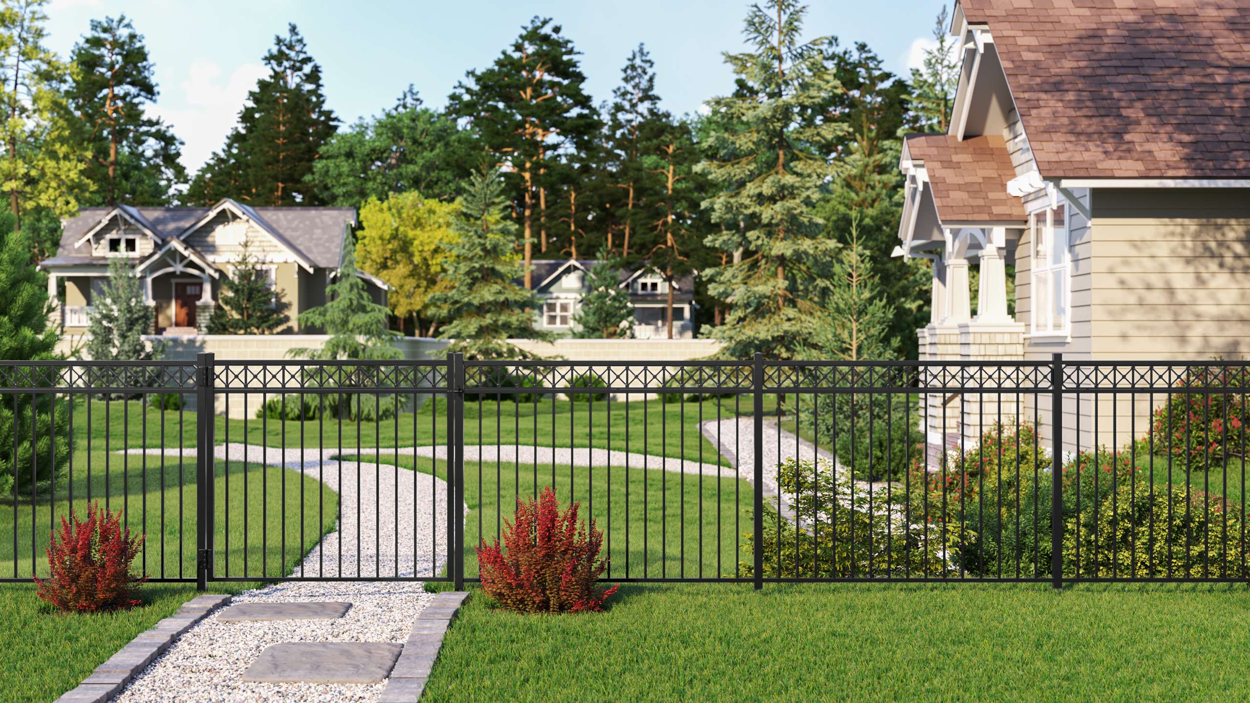 A yard in a modern development with green grass, adorned with a Flint Active Yards aluminum fence