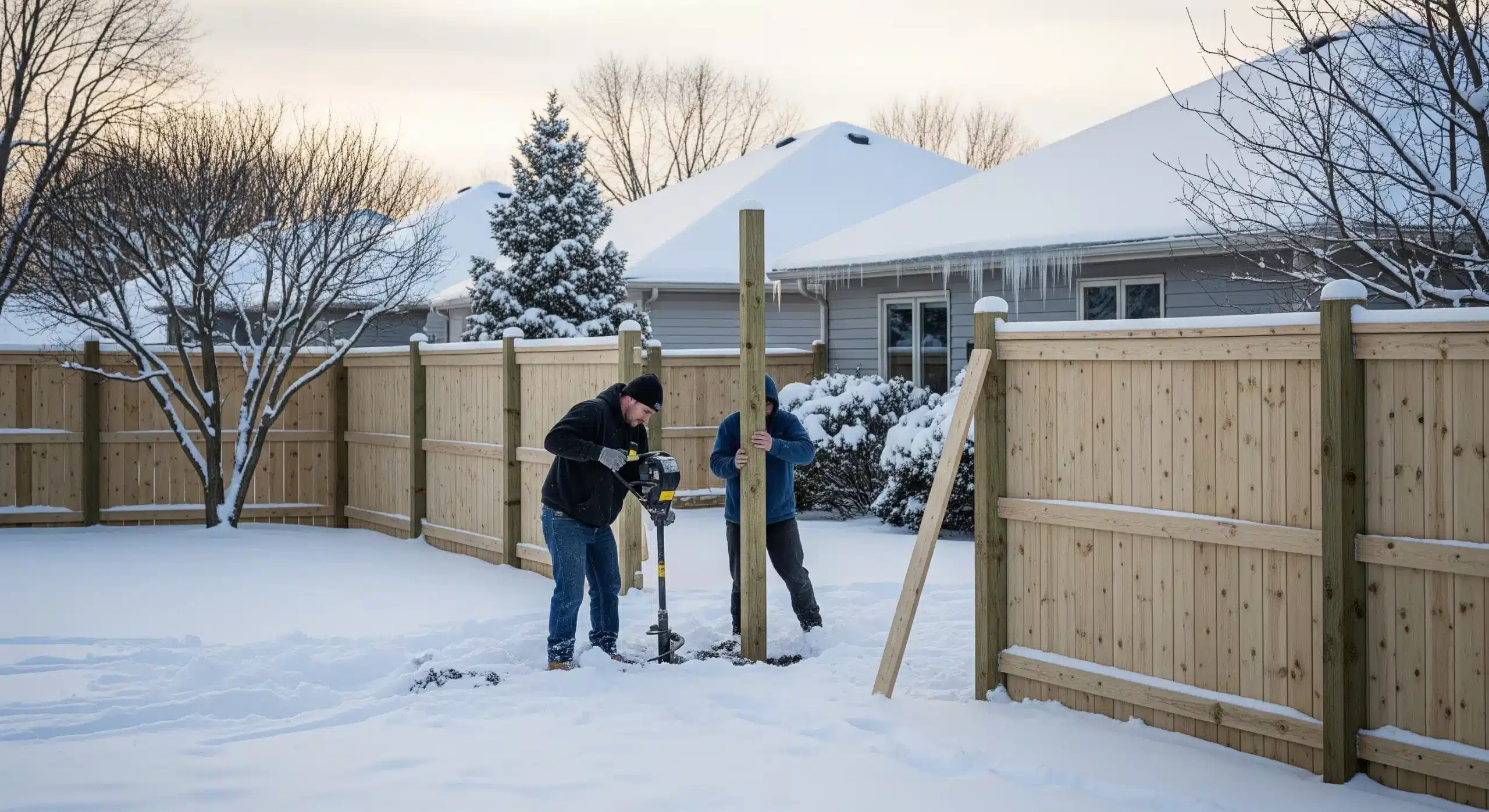 Workers estimating a fence build in the winter
