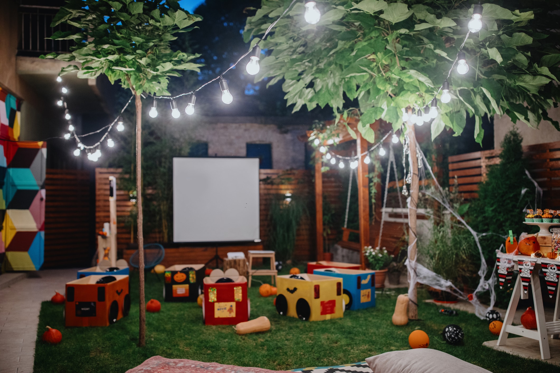 LED Light hung up in a backyard