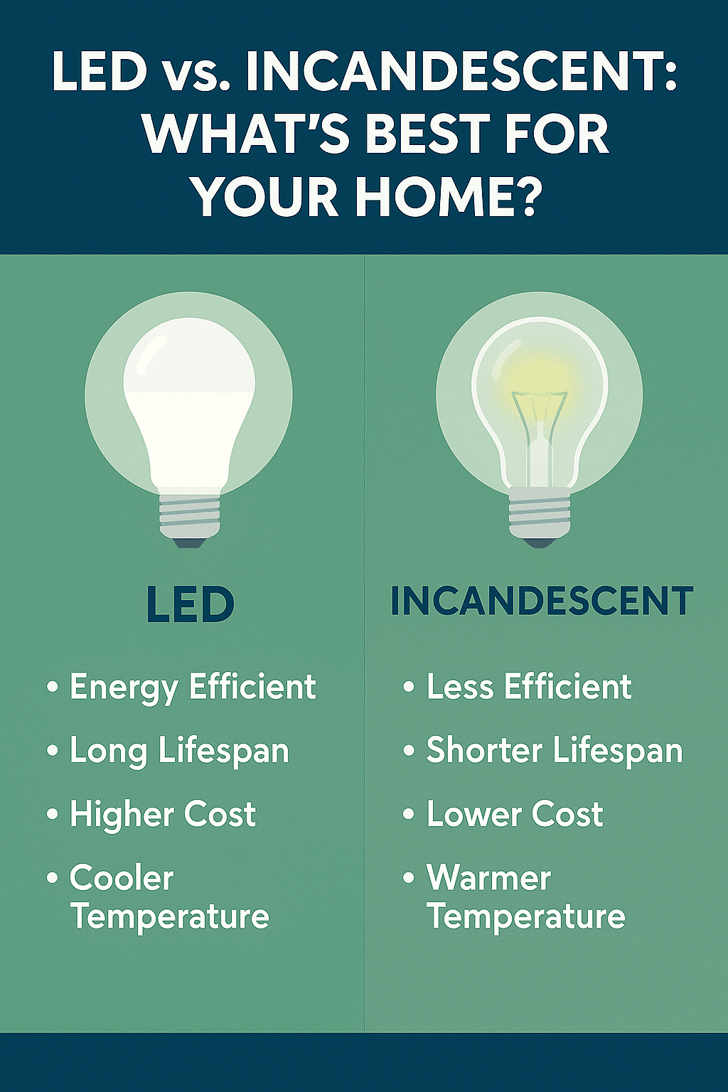 Infographic showing the difference between LED and INCANDESCENT bulbs