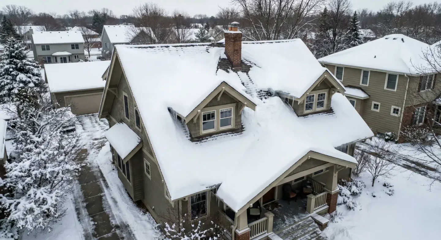Suburban Home Covered In Snow Ready For A Roof Repair
